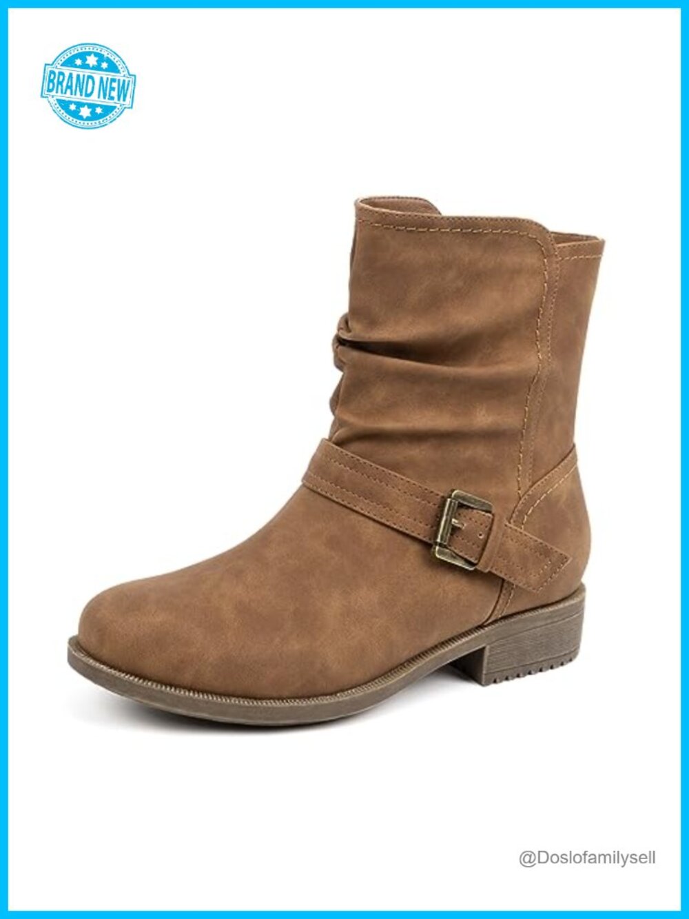 Women's Mid Calf Buckle Slouchy Boots Faux Leather Side Zip